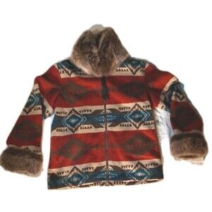 Tasha Polizzi Jacket Womens XL Southwest Blanket Red Aztec Faux Fur